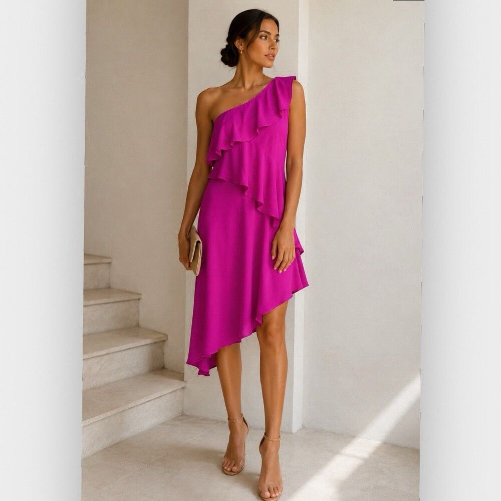Milly One-Shoulder Ruffle Midi Dress in Fuchsia